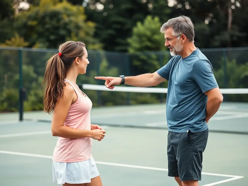 A serene image of a private tennis lesson with a coach providing personalized instruction, emphasizing the benefits of one-on-one training.