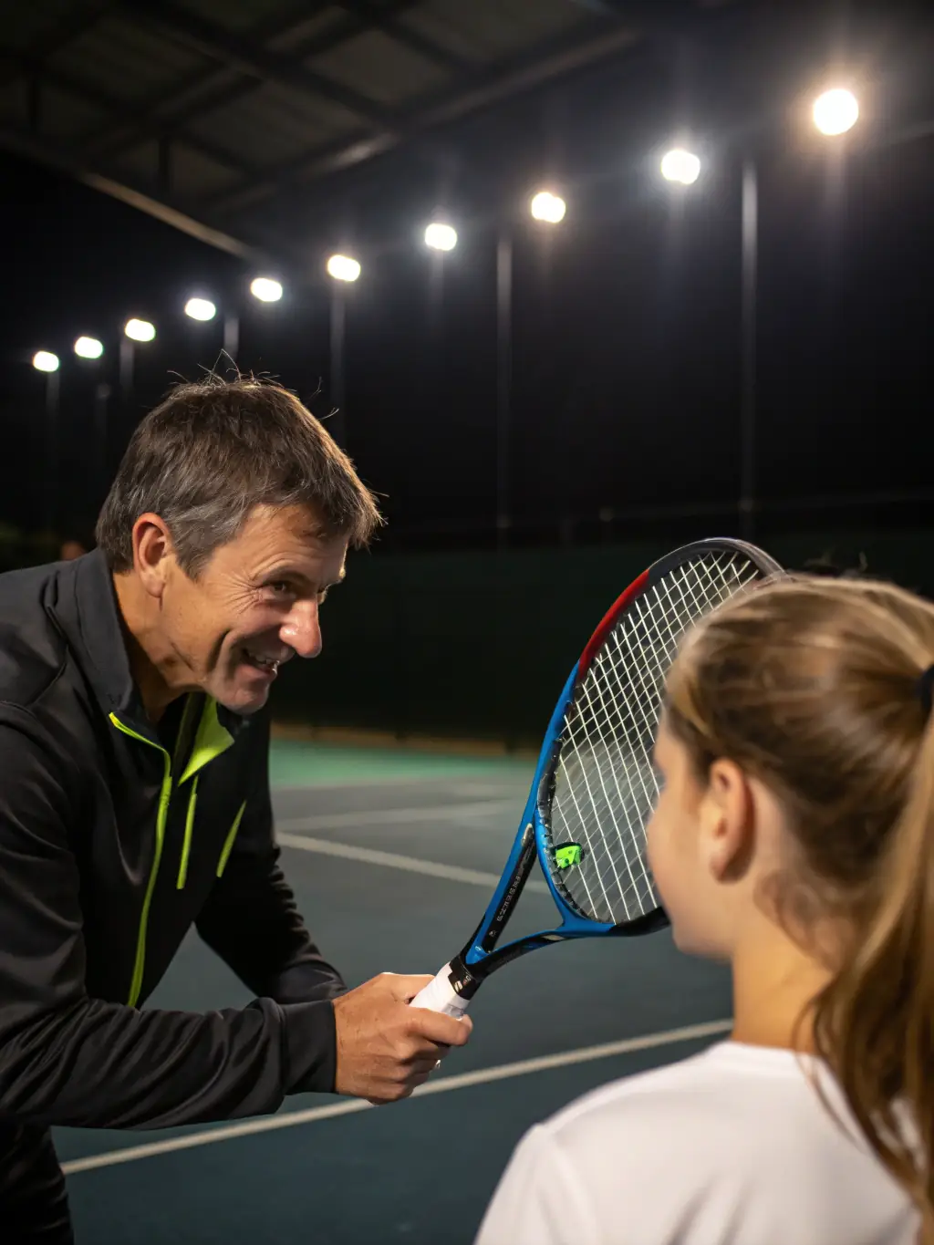 A focused image of a tennis coach providing personalized instruction to a player at TENNIS CLUB BUGEAT, emphasizing technique and strategy.