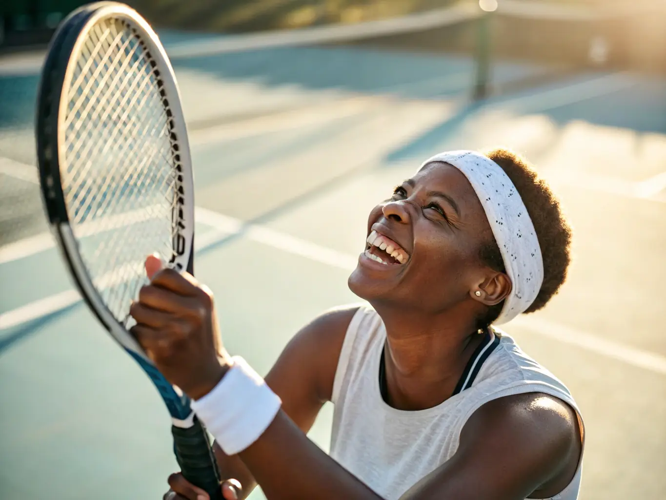 A person is shown smiling and looking healthy after a tennis match, highlighting the physical and mental benefits of playing tennis regularly.