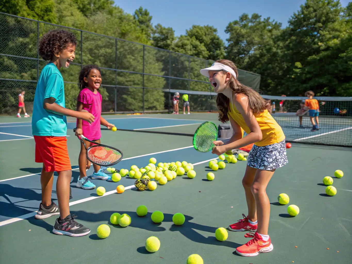 A dynamic image of children engaged in a fun tennis activity, emphasizing teamwork and basic tennis skills, with a focus on enjoyment and participation.
