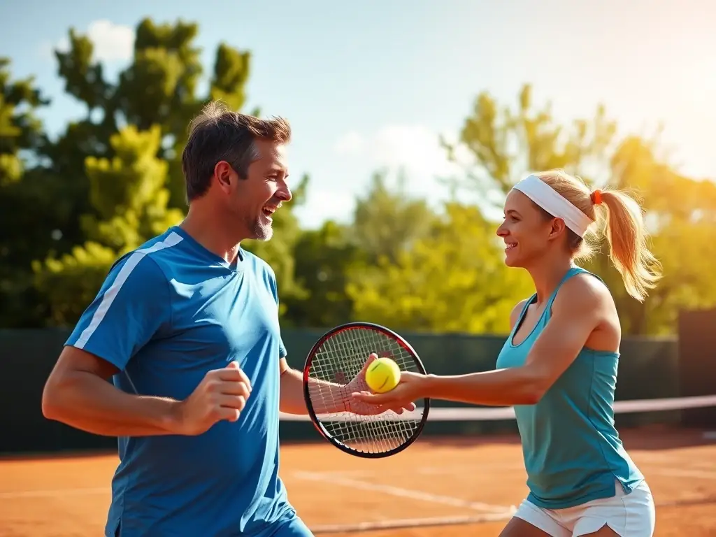 A vibrant image of club members participating in a friendly doubles match on a sunny day, showcasing the social aspect of the club.