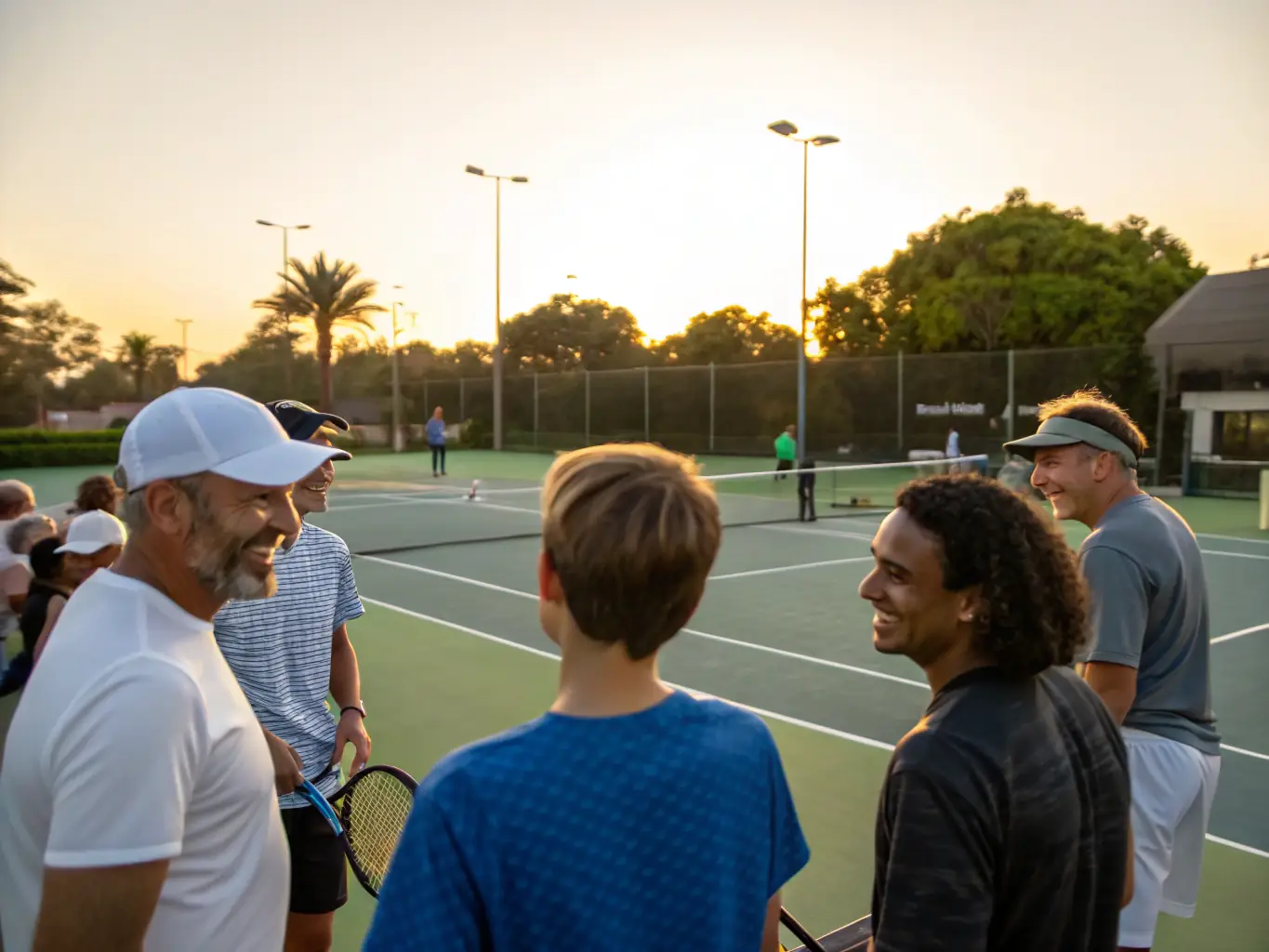 A group of diverse club members laughing and socializing after a tennis session, emphasizing the friendly and inclusive atmosphere.