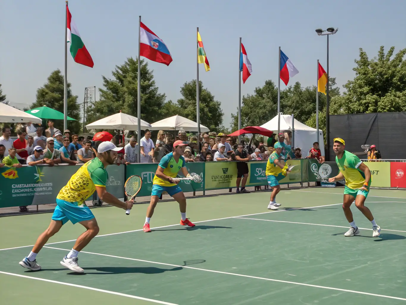 An action shot of adults engaged in a competitive tennis match, highlighting the intensity and camaraderie of adult league play.