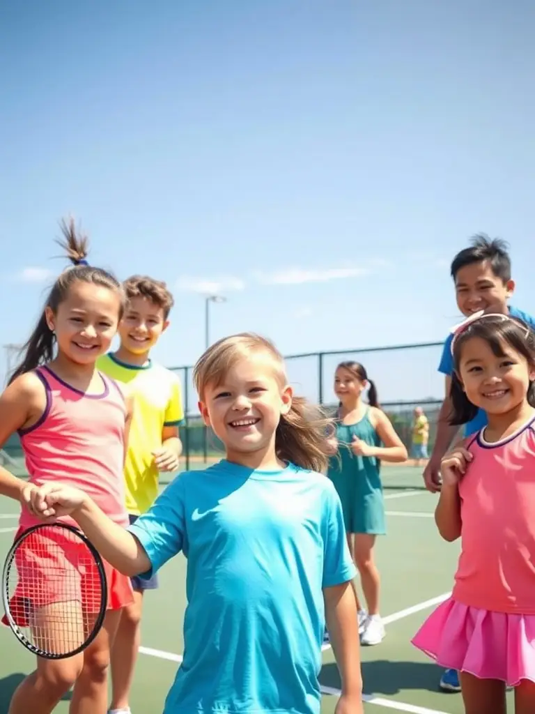 A vibrant image of children participating in a junior tennis clinic at TENNIS CLUB BUGEAT, focusing on fun drills and skill development.