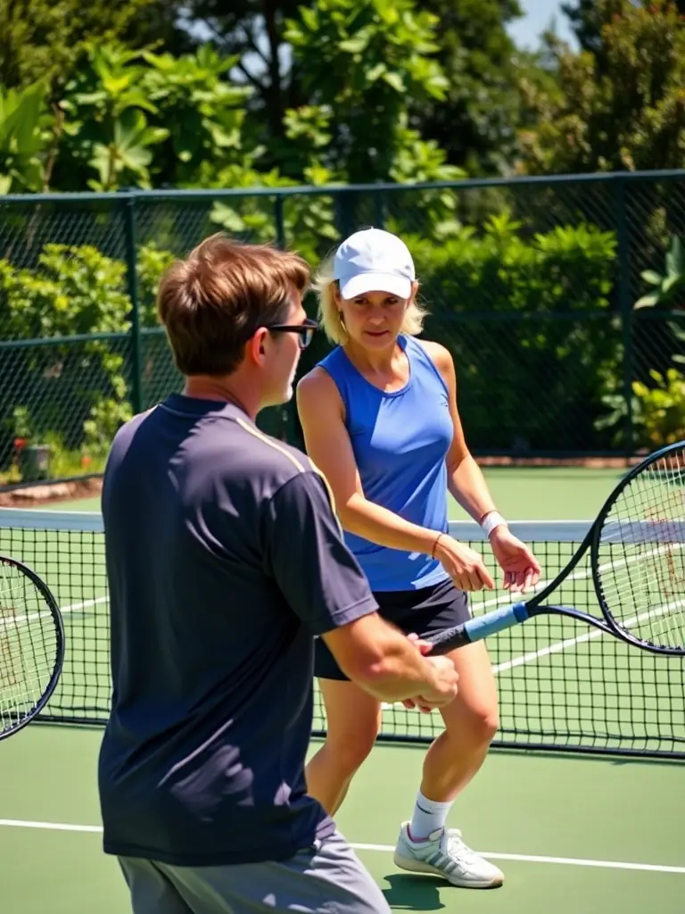 An action shot of adults engaged in a competitive doubles match at TENNIS CLUB BUGEAT, showcasing the intensity and camaraderie of adult league play.