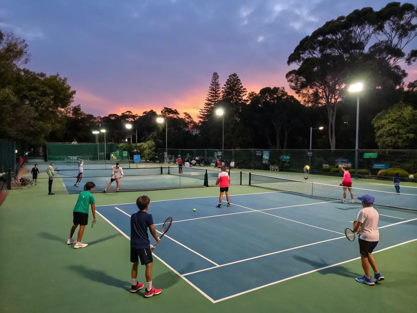 A diverse group of people of different ages and skill levels are participating in a tennis clinic, with a coach providing personalized instruction. The atmosphere is friendly and encouraging, highlighting the club's inclusive environment.