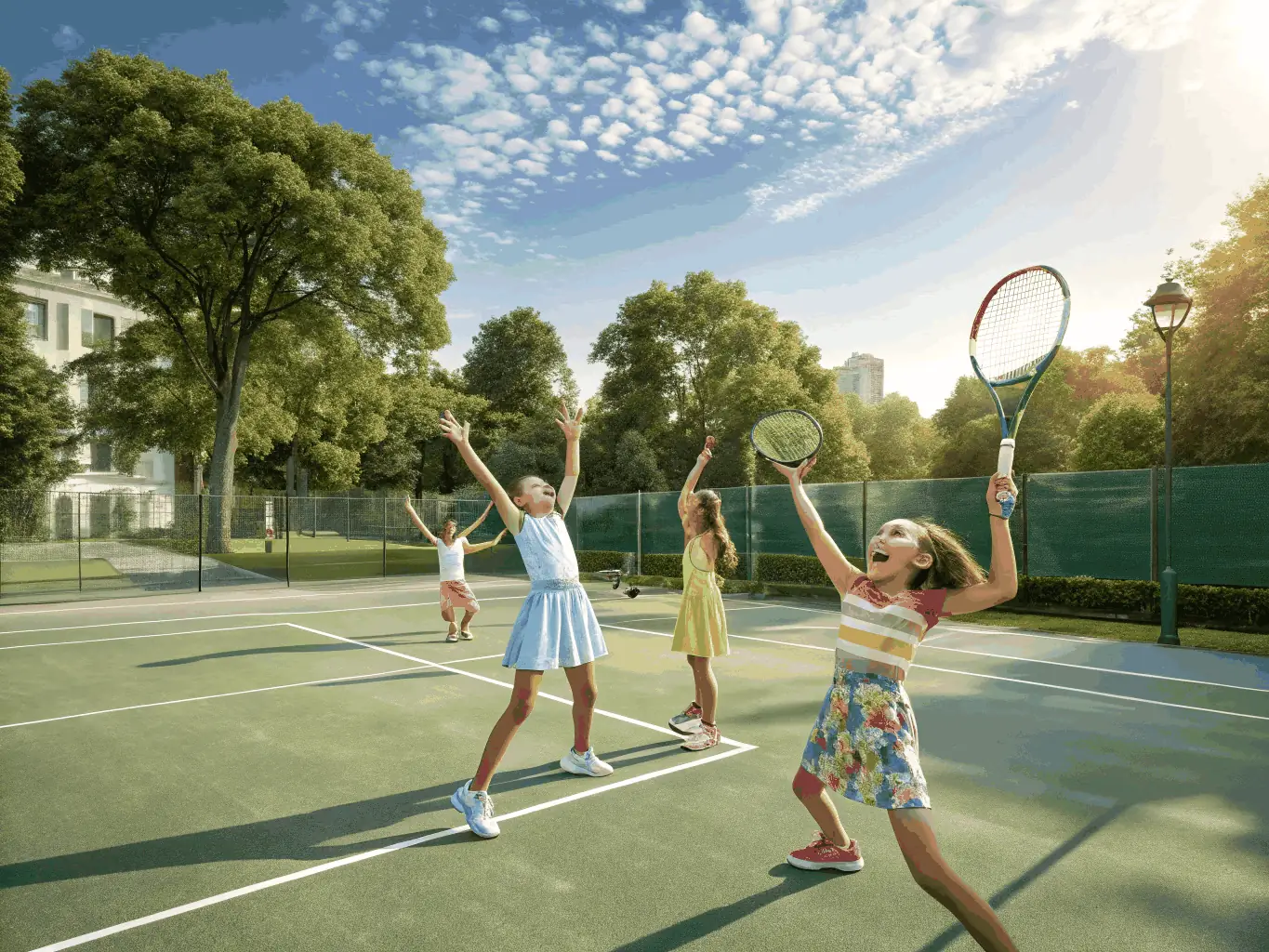 A vibrant image of children participating in a junior tennis clinic, demonstrating the fun and engaging atmosphere of the program.