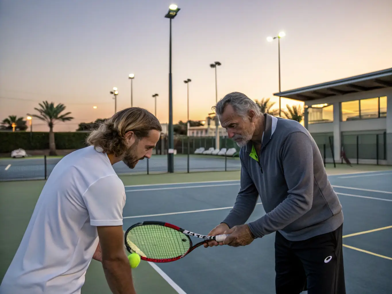 A focused image of a tennis coach providing one-on-one instruction to a player, highlighting personalized feedback and skill development.